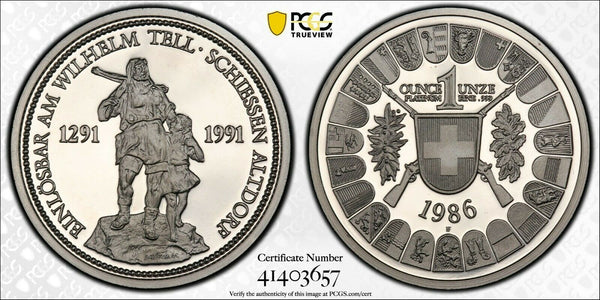 Swiss 1986 Platinum Shooting Thaler PCGS PF68 Uri Altdorf William Tell