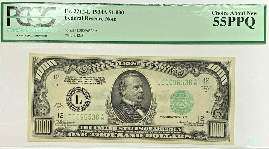 1934A $1000 Bill Federal Reserve Note San Francisco PCGS AU55 EPQ Fr2212-L