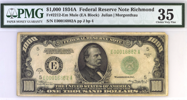 1934A $1000 Bill Federal Reserve Note Richmond MULE PMG VF35 Fr#2212-Em