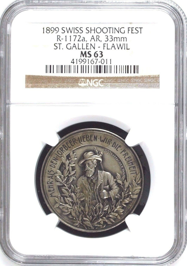 Swiss 1899 Silver Shooting Medal St Gallen Flawil R-1172a NGC MS63 Mintage-400