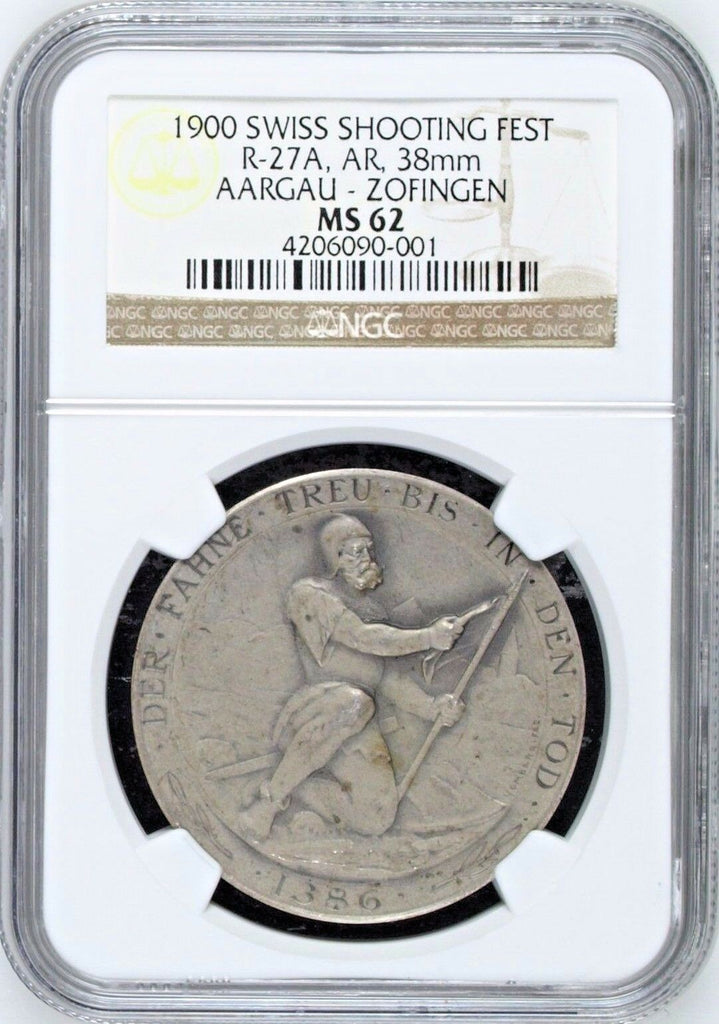 Rare Swiss 1900 Silver Medal Shooting Fest Aargau Zofingen R-27a M-23 NGC MS62