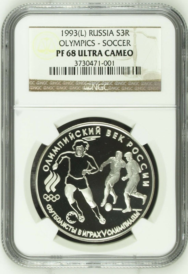 Russia 1993 Silver Commemorative Coin 3 Roubles Olympics Soccer NGC PF68 Footbal