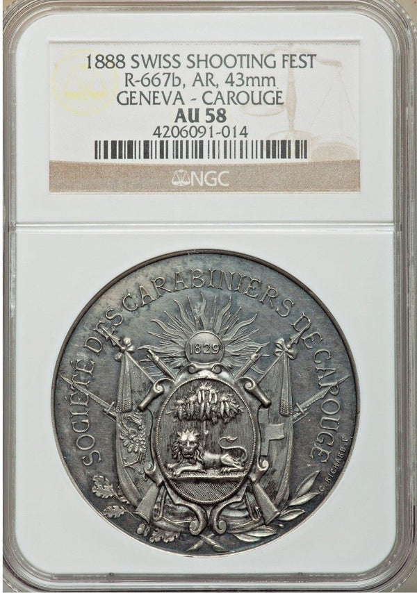 Very Rare Swiss 1888 Silver Medal Shooting Fest Geneva Carouge R-667b NGC AU58