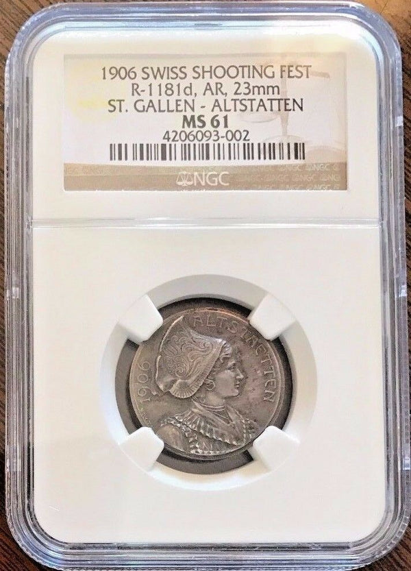 Swiss 1906 Silver Shooting Medal St Gallen Alstatten R-1181d Woman NGC MS61