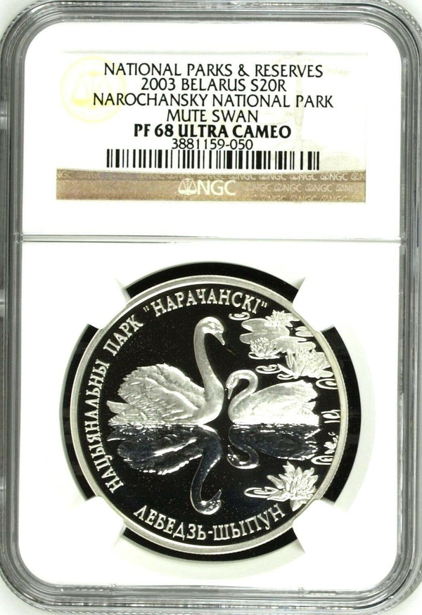 2003 Belarus Silver 20 Roubles Mute Swan Narochansky Park Bird NGC PF68 Rare