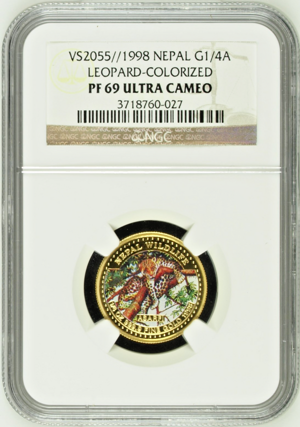 Rare Nepal 1998 Set 4 Gold 1/4 Asarfi Leopard Tiger Elephant Rhinoceros NGC PF69