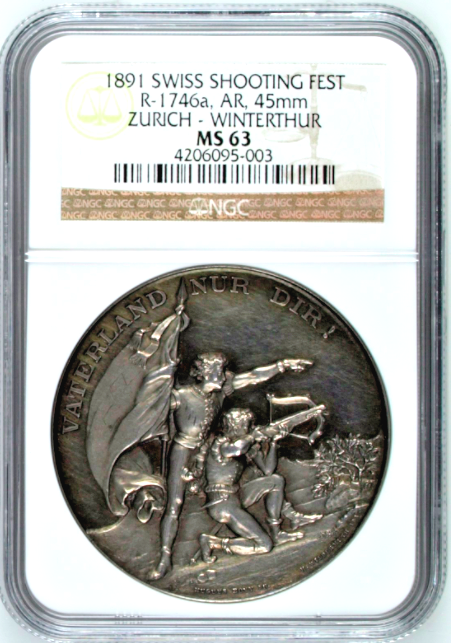 Swiss 1891 Silver Shooting Medal Zurich Winterthur R-1746a Mint-800 NGC MS63