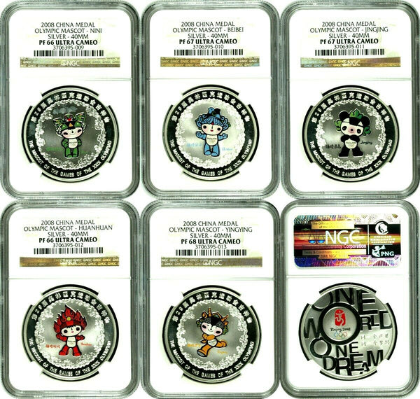 2008 China Silver Set of 5 Medals Mascots of the Games of the XXIX Olympiad NGC