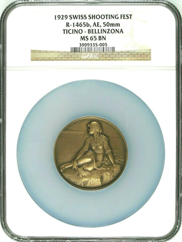 Swiss 1929 Bronze Shooting Medal NGC MS65 Ticino Bellinzona R-1465b Woman Box