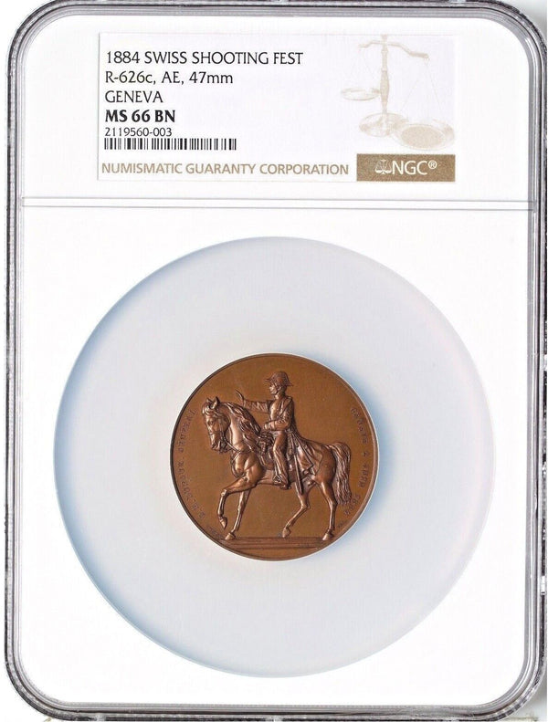 Swiss 1884 Very Rare Bronze Shooting Medal Geneva R-626c NGC MS66