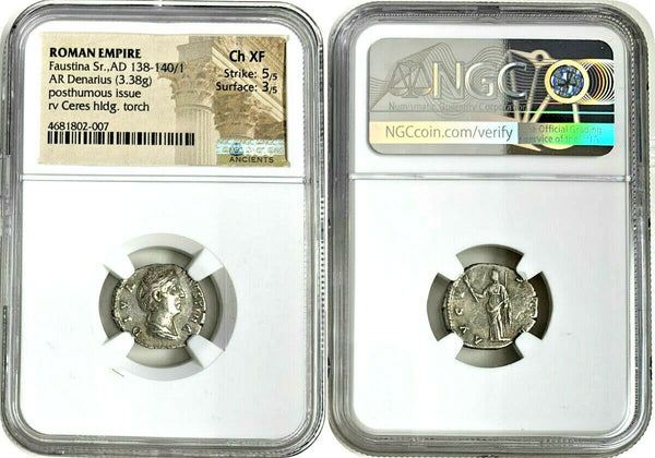 Roman Faustina Senior AD138-141 Denarius Ceres torch posthumous issue NGC Ch XF