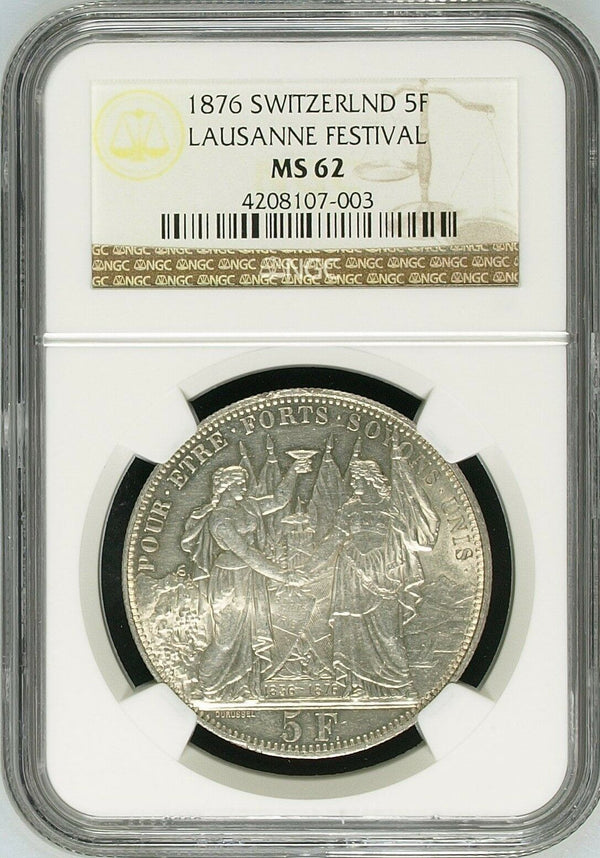 Swiss 1876 Silver Shooting Taler 5 Francs Lausanne Medal R-1560a NGC MS62