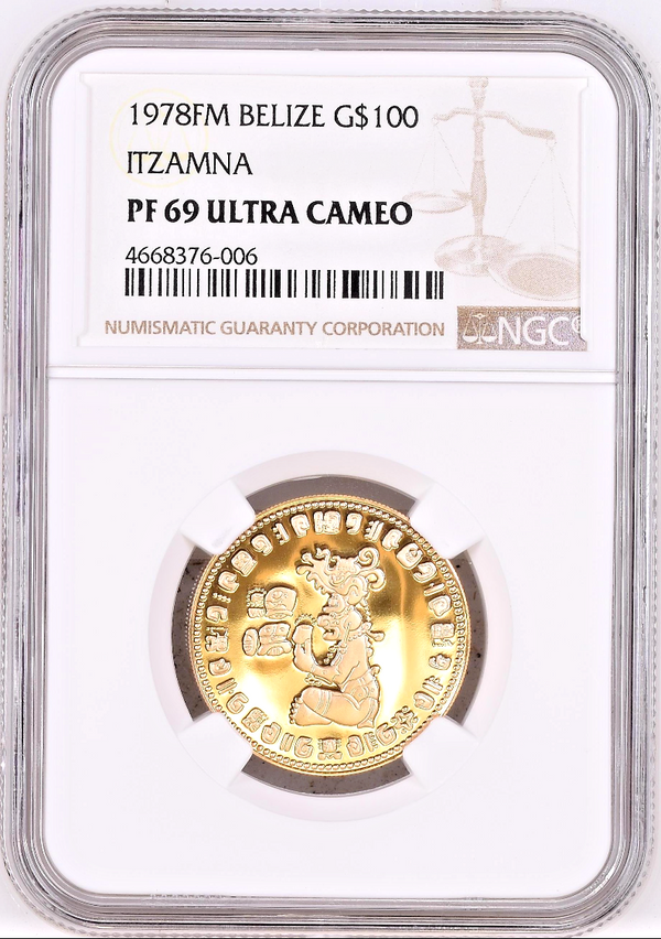 Belize 1978 Gold Coin $100 Itzanma Lord of Heavens Ruler of Gods NGC PF69