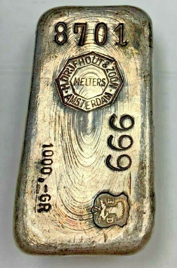 H Drjfhout & Zoon Melters Amsterdam .999 Fine Vintage Silver Bar 1 Kilo 32.15 oz
