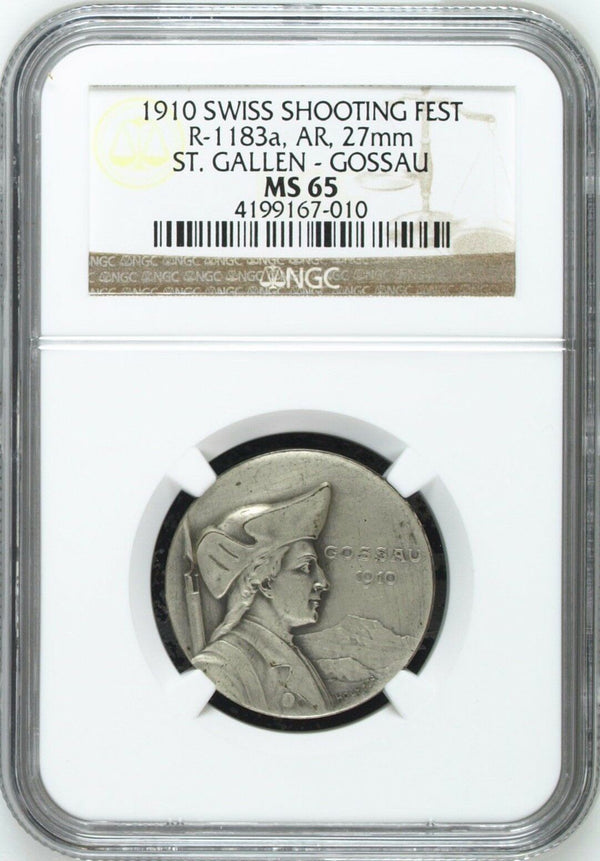 Swiss 1910 Silver Shooting Medal St Gallen Gossau R-1183a Bear NGC MS65 Rare