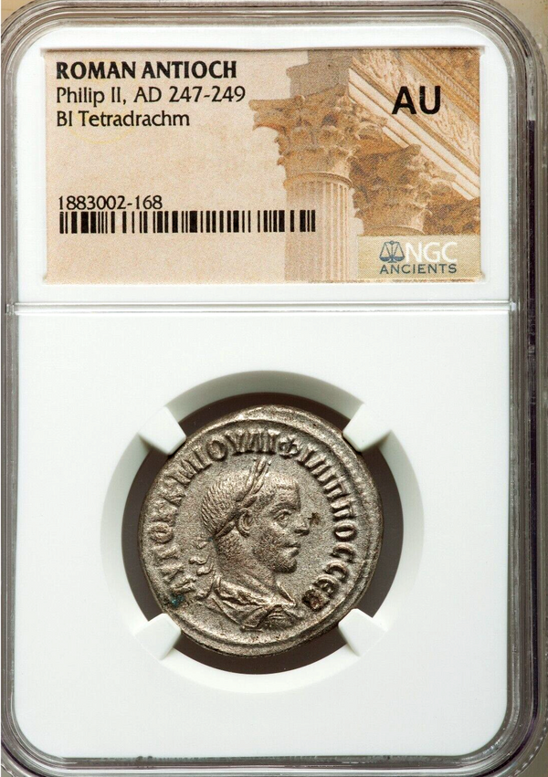 Roman AD 247-249 Syria Antioch BI Tetradrachm Philip II NGC AU