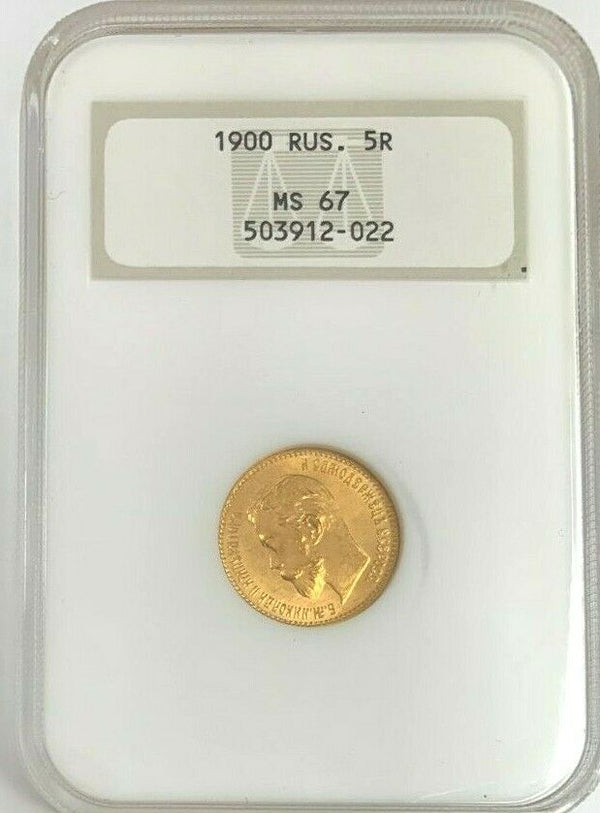 Russian Empire 1900 Gold 5 Rubles Emperor Nikolai II Imperial NGC MS67