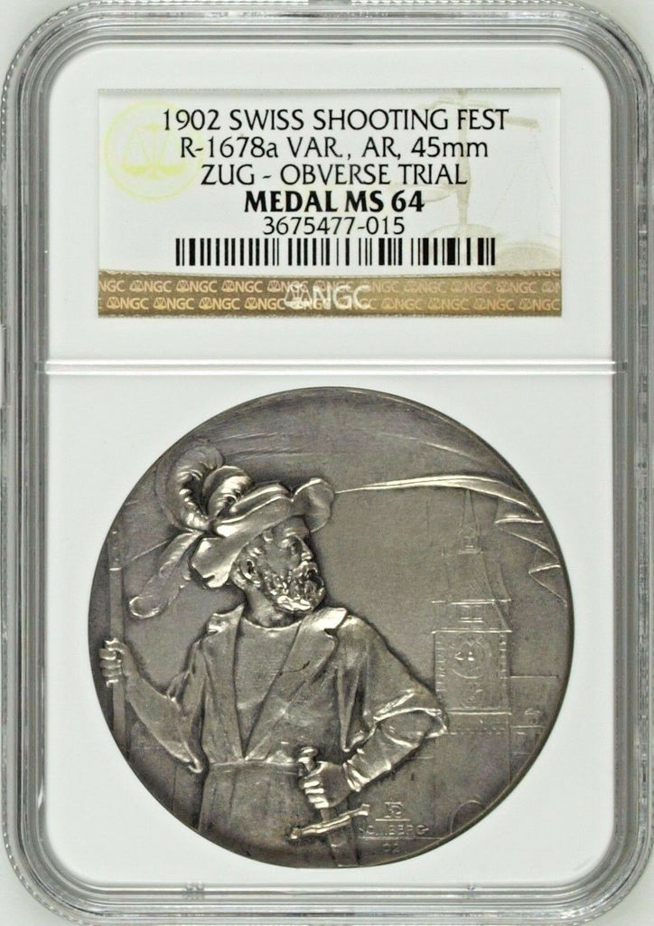 Swiss 1902 Silver Shooting Medal Zug Reverse Trial R-1678a One in the World NGC