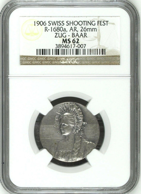 Very Rare Swiss 1906 Silver Shooting Medal Zug Baar R-1680a Woman NGC MS62