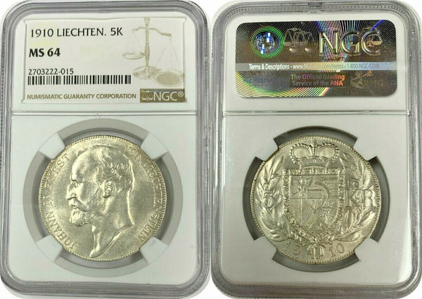 1910 Liechtenstein 5 Kronen Silver John Johann II NGC MS64 Mintage-10,000