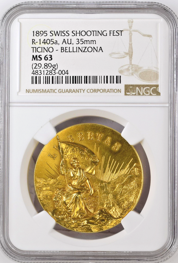 Swiss 1895 Gold Shooting Medal Ticino Bellinzona NGC MS63 R-1405a Very Rare
