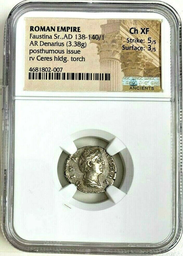 Roman Faustina Senior AD138-141 Denarius Ceres torch posthumous issue NGC Ch XF
