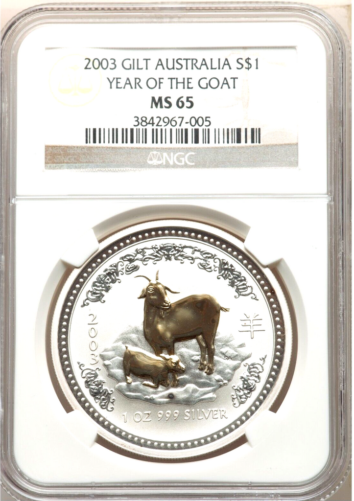 Australia 2003 Silver Gilt $1 Year of the Goat Elizabeth II NGC MS65