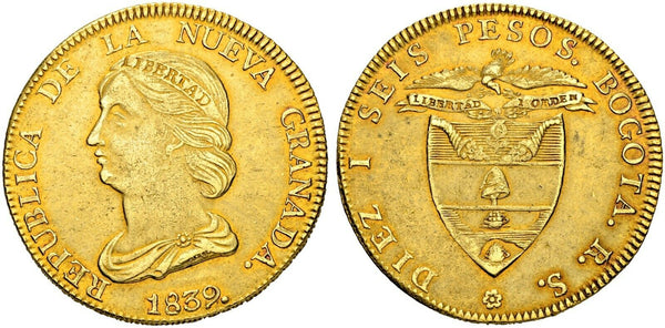 Colombia 1839 Gold Coin 16 Pesos Bogota Republik Nueva Granada PCGS AU55