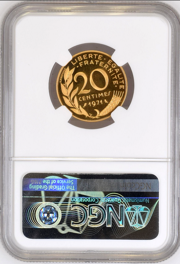 Rare France 1971 Gold Piefort 20 Centimes Paris Marianne NGC PF65 Mintage-100