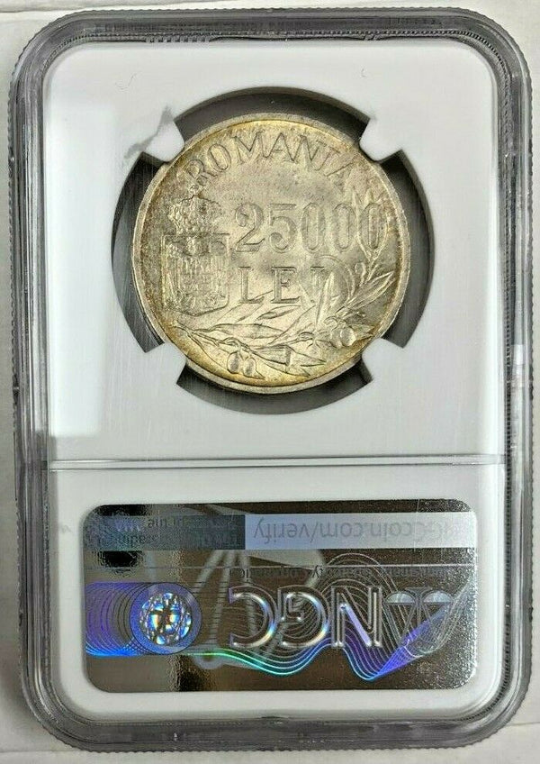 Romania 1946 Silver Coin 25000 Lei King Michael I Graded by NGC MS62+