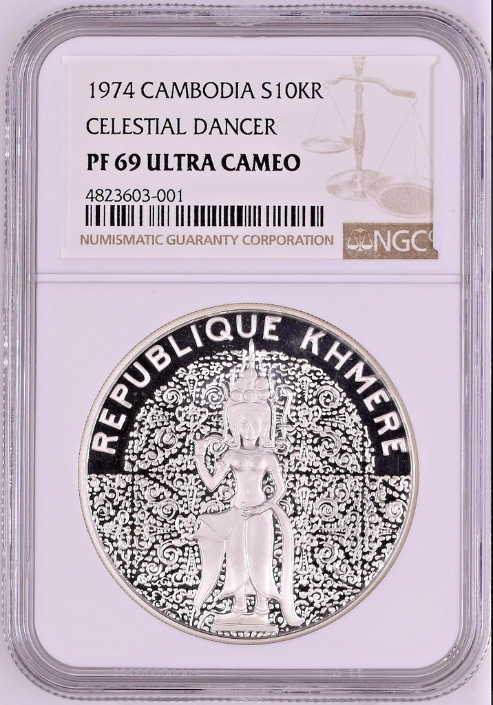 Cambodia 1974 Silver 10K Riels Celestial Dancer Khmer NGC PF69 Mintage-800 Rare