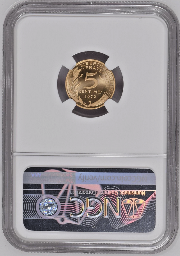 France 1972 Gold Piéfort Coin 5 Centimes Mintage-75 NGC PF70 Top Pop