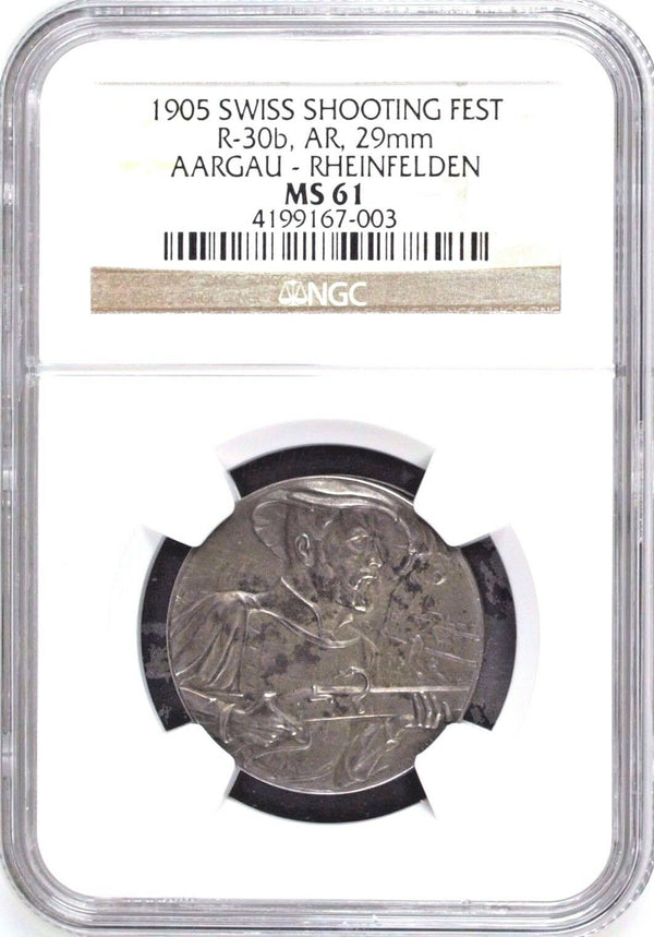 Swiss 1905 Silver Medal Shooting Festival Aargau Rheinfelder R-30b NGC MS61