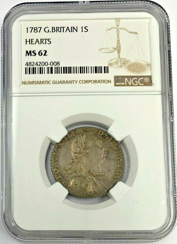 Great Britain 1787 Silver Shilling with Hearts George III NGC MS62