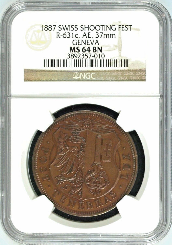 Rare Swiss 1887 Bronze Shooting Medal Geneva R-631c Mintage-300 NGC MS64 Geneve