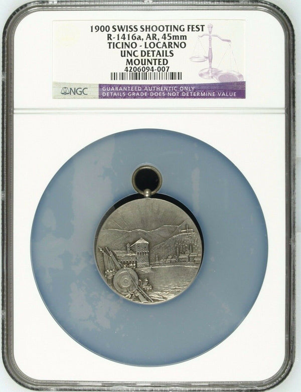 Very Rare Swiss 1900 Silver Shooting Medal Ticino Locarno R-1416a NGC Mint-200