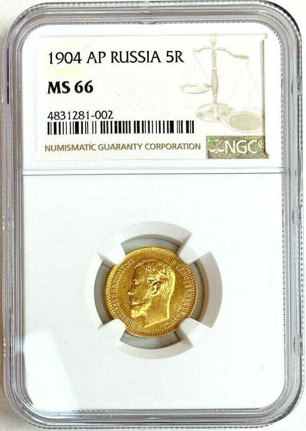 Russian Empire 1904 Gold 5 Rubles Emperor Nikolai II Imperial NGC MS66