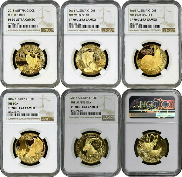 2013-2017 Austria Gold Set 5 Coins Wildlife in our Sights NGC PF70
