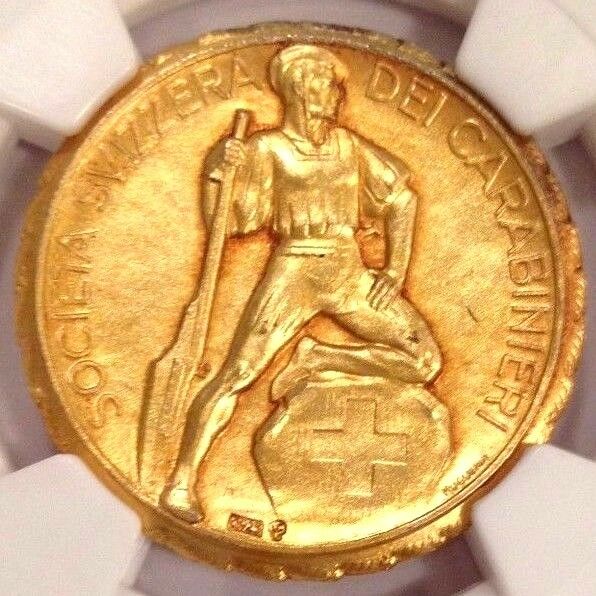 Exrimely Rare Swiss Shooting Medal Gilt Silver R-1981a 30mm NGC