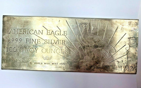 US 100 Troy oz .999 Fine Silver Bar American Eagle 1982 World Wide Mint
