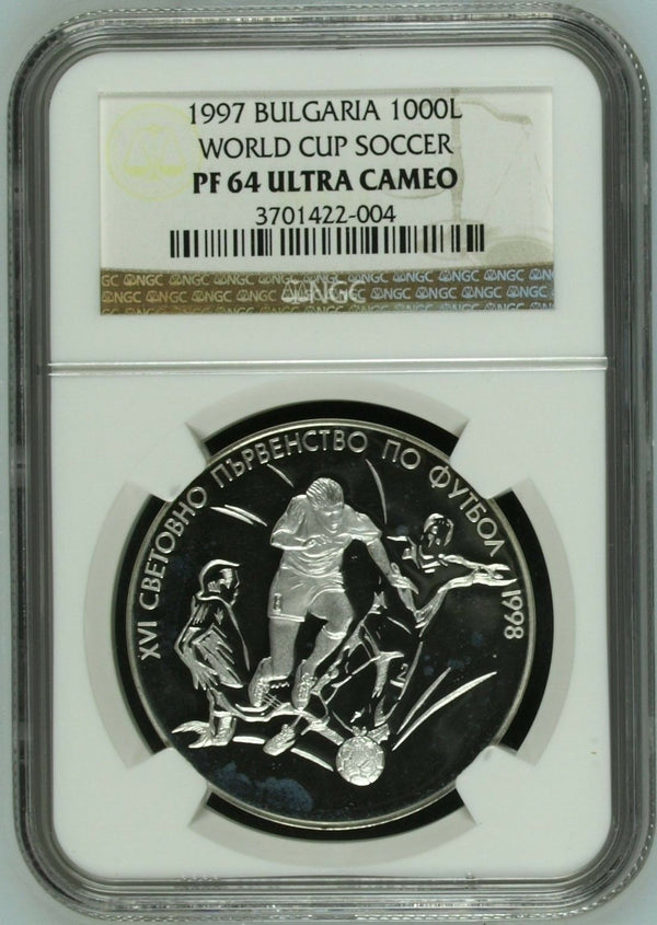 1997 Bulgaria Silver Coin 1000 Leva XVI World Cup Soccer Football NGC PF64