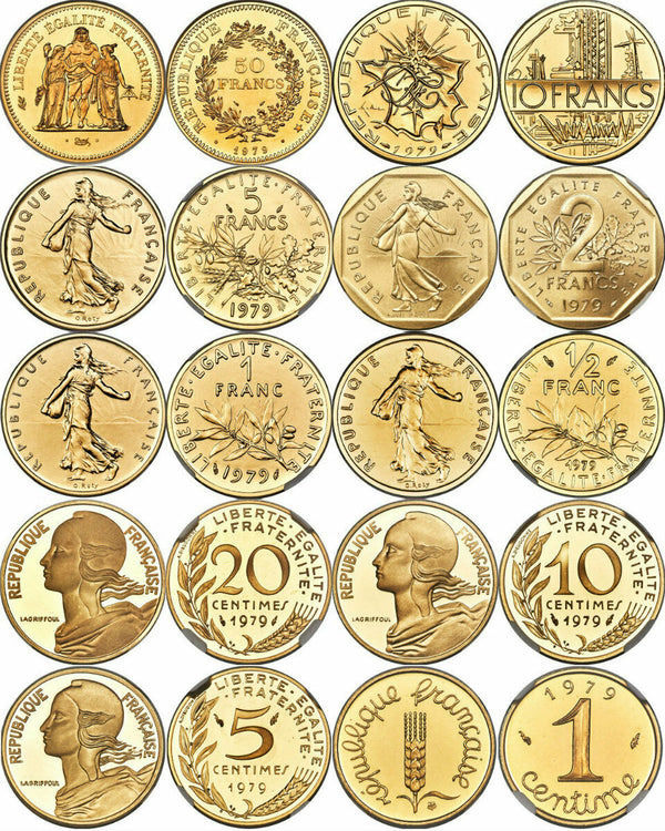 Rare France 1979 Gold Proof Set 10 coins Piefort Paris NGC PF67-69 Low Mintage