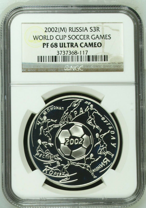 Russia 2002 Silver Coin 3 Roubles World Cup Soccer Korea Japan NGC PF68 Football