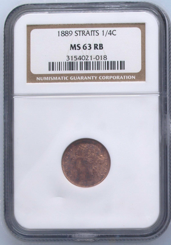 Straits Settlements Malaysia 1889 Bronze Coin ¼ Cent Queen Victoria NGC MS 63