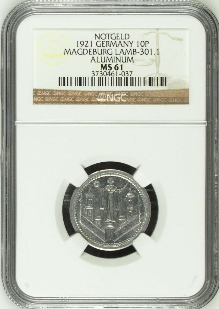 1921 Germany Notgeld Magdeburg Sachsen 10 Pfennig Lamb-301.1 Woman NGC MS61