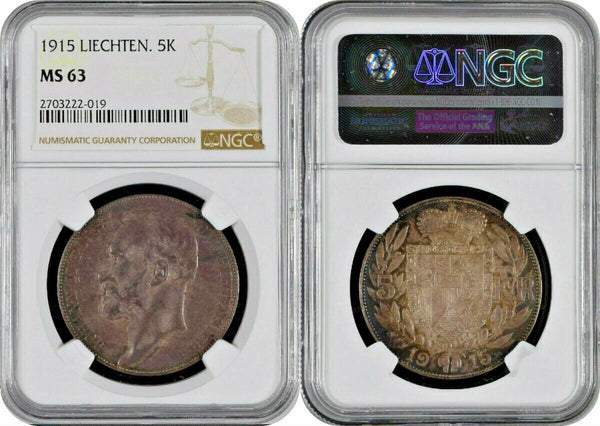 1915 Liechtenstein 5 Kronen Silver John Johann II NGC MS63 Mintage-10,000