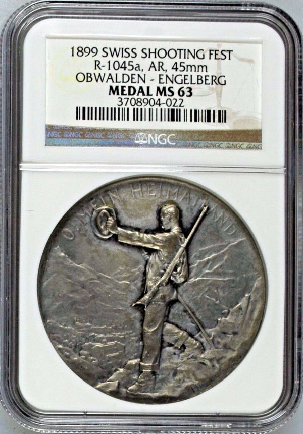 Swiss 1899 Silver Shooting Medal Obwalden Engelberg R-1045a NGC MS63 Rare