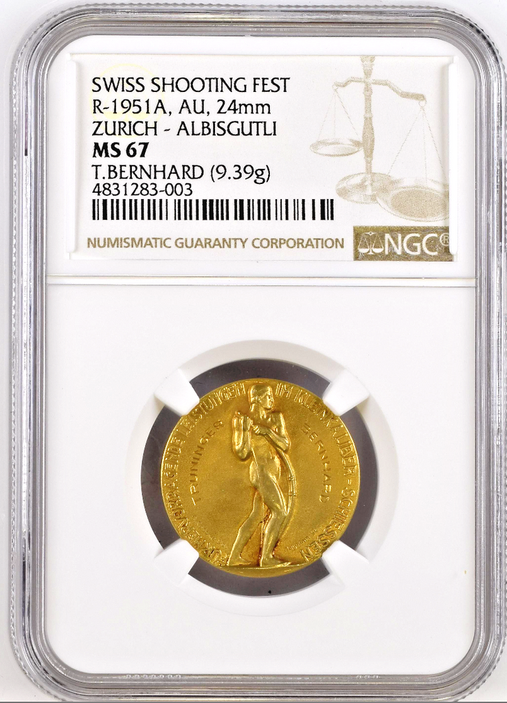 Swiss Gold Shooting Medal Zurich Albisgutli NGC MS67 R-1951A Extremely Rare