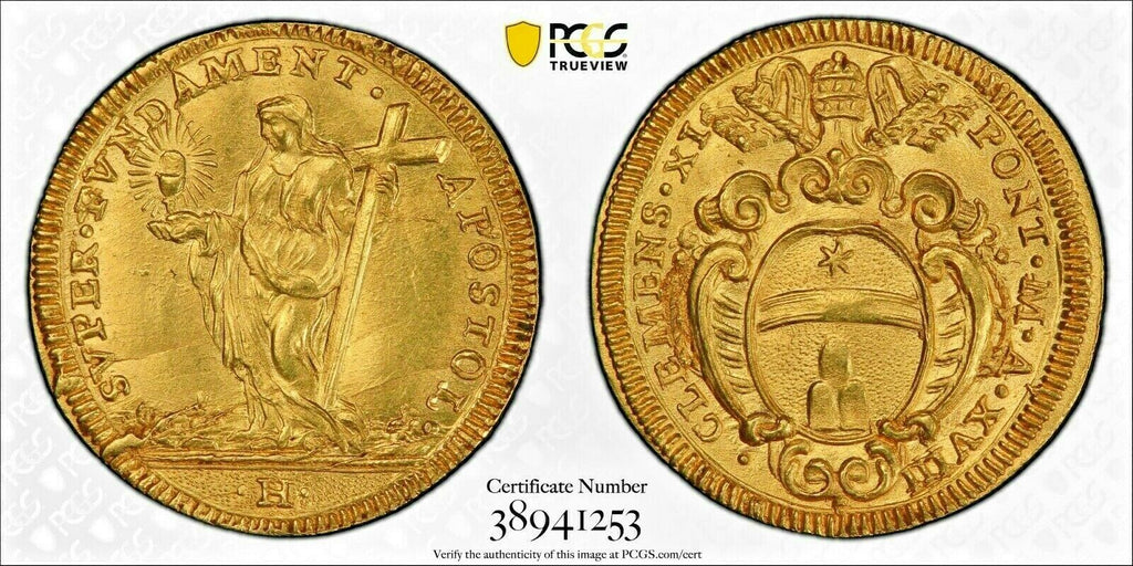 1718-XVIII Italy Papal States Gold Clement XI gold Scudo d'Oro PCGS MS65 Top Pop