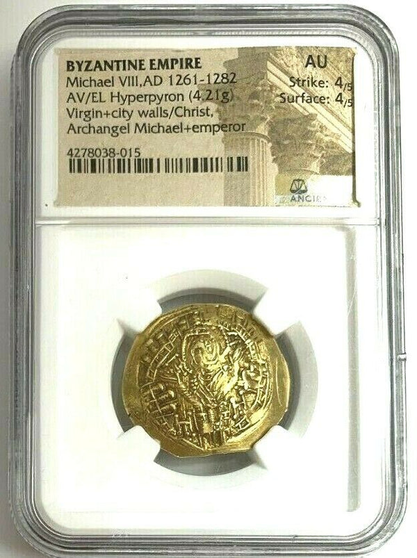 Byzantine Empire Gold Hyperpyron Archangel Michael VIII Virgin Christ NGC AU